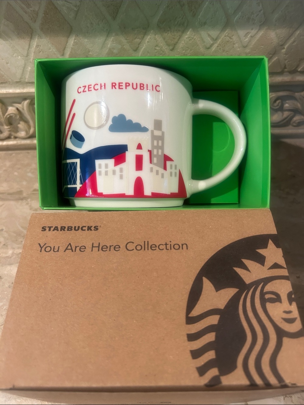 Starbucks Czech Republic White Red and Blue Ceramic Mug RARE